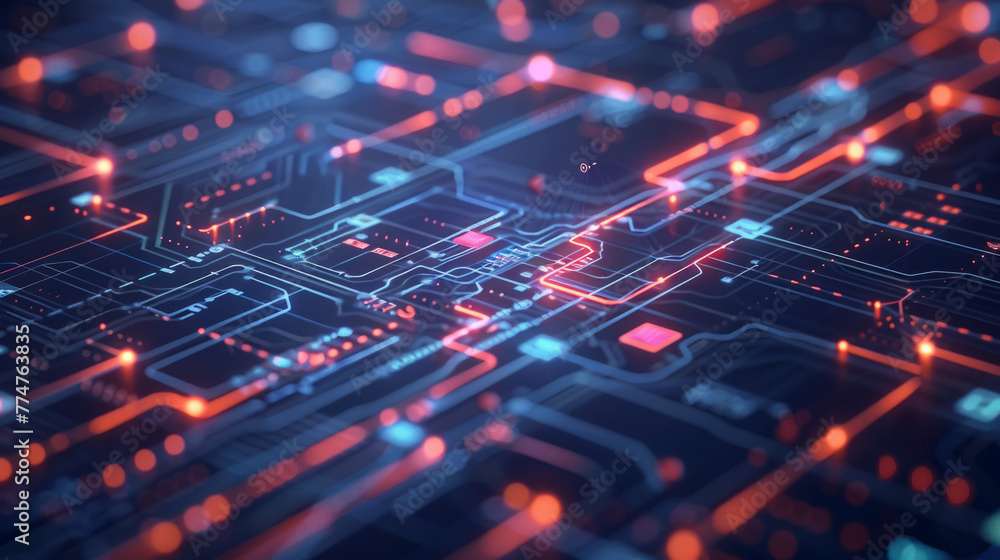 Poster computer technology, a close-up, high-resolution view of a circuit board, highlighting its complex p
