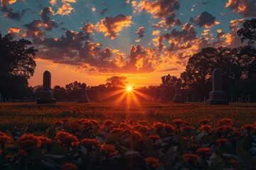 The first light of dawn breaks over a tranquil cemetery, its rays illuminating the flowers and headstones in a poignant display of beauty and memory. - obrazy, fototapety, plakaty
