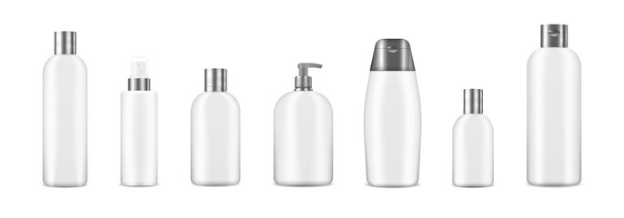 3d various blank container mock-ups, including jar, pump bottle, cream tube isolated on white background. Set of realistic mockup cosmetic white clean bottles. Realistic cosmetic package.
