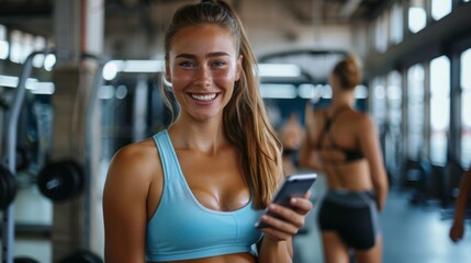 Portrait of a smiling and cheerful beautiful Caucasian young woman in a sports bra holding a phone in her hand. Inside the gym. - obrazy, fototapety, plakaty