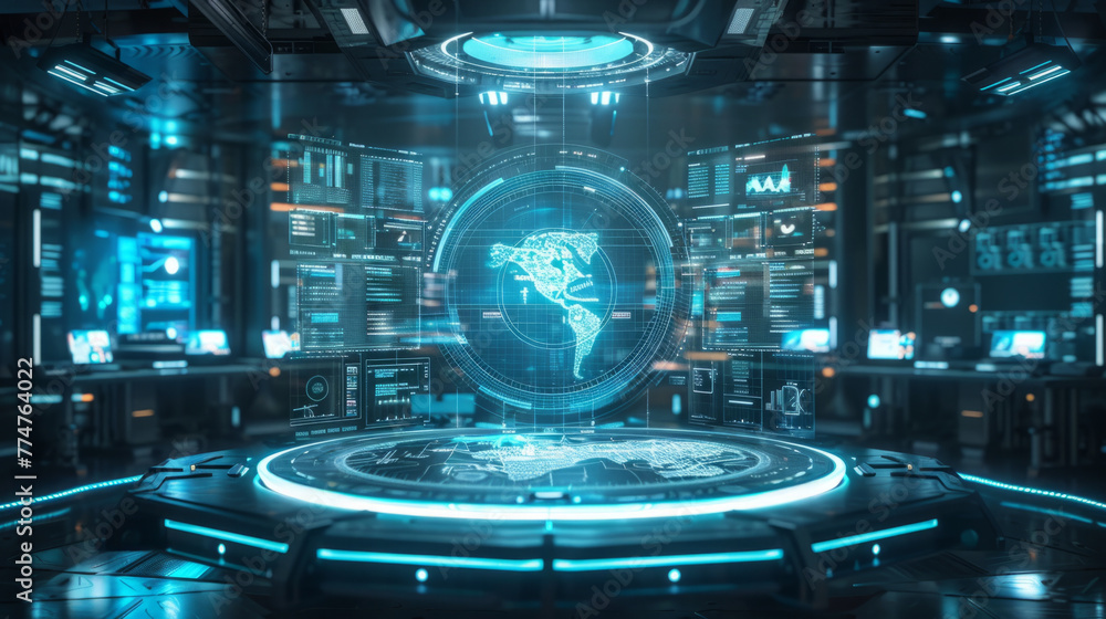 Poster futuristic control room, a sophisticated, futuristic control room featuring advanced holographic dis