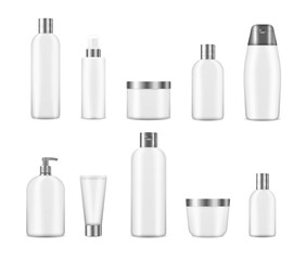3d various blank container mock-ups, including jar, pump bottle, cream tube isolated on white background. Set of realistic mockup cosmetic white clean bottles. Realistic cosmetic package.
