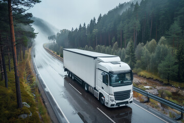 A delivery truck driving along the road against the backdrop of mountains and forests. Bird's eye view.