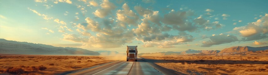 A delivery truck driving along the road against the background of the summer nature of the USA. Front view. Banner. Copy space. - obrazy, fototapety, plakaty