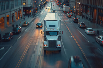 A delivery truck is driving along a city road in an American city in the evening.