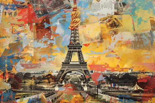 Eiffel Tower and the sights of Paris famous landmarks collage. Abstract vintage classic modern art on paper. generative ai