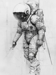 Pencil drawing high detailed of an astronaut with helmet and holding a sword