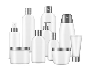 3d various blank container mock-ups, including jar, pump bottle, cream tube isolated on white background. Set of realistic mockup cosmetic white clean bottles. Realistic cosmetic package.
