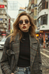 Obraz premium Street Fashion, An individual showcasing contemporary street style fashion in an urban environment, demonstrating a blend of comfort and trendiness suitable for city life.