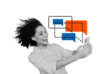 Composite collage picture of amazed black white colors girl use smart phone chatting dialogue...