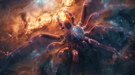 A surreal interpretation of the nephron merging with a tarantula in a cosmic dance - obrazy, fototapety, plakaty