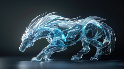 Design a sleek and futuristic 3D rendering of a kelpie with shimmering scales and a haunting gaze