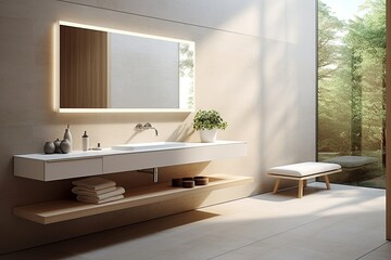 Fototapeta na wymiar Zen-Inspired Minimalist Bathroom Ideas: Frameless Mirror and Sleek Design Harmony