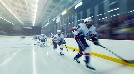 Intense Hockey Rink Scene with Blurred Fast Moving Skaters for Impactful Sports Poster or Background