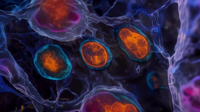A transmission electron microscope image of animal cell organelles such as ries and lysosomes providing a closeup view of their structures. . AI generation.
