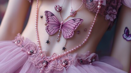 close up lingerie and underwear fashion portrait, pretty girl wearing sexy pink bras decorated with butterfly pearls and glitter, fantasy fairytales atmosphere,