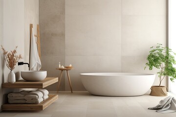 Fototapeta na wymiar Neutral Zen: Timeless Minimalist Bathroom with Neutral Tiles