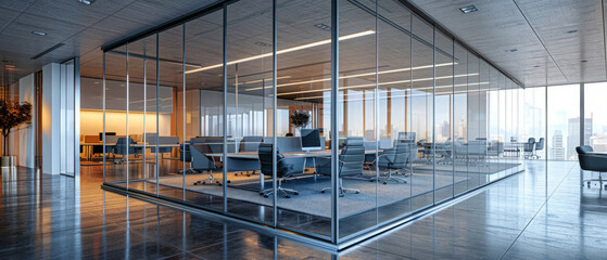 Office Interior, A modern office space featuring an open floor plan with glass walls, ergonomic furniture, and a panoramic view of the city skyline.