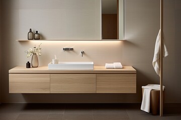 Fototapeta na wymiar Zen-Inspired Minimalist Bathroom Ideas: Simple Vanity and Clean Lines Harmony