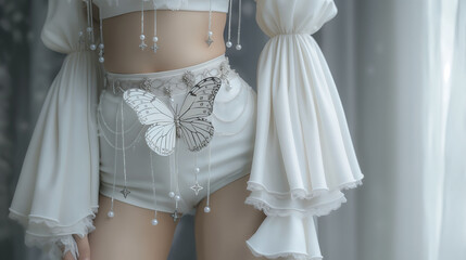 close up lingerie and underwear fashion portrait, pretty girl wearing sexy white lace panties decorated with butterfly pearls and glitter, fantasy fairytales atmosphere, Generative Ai - obrazy, fototapety, plakaty