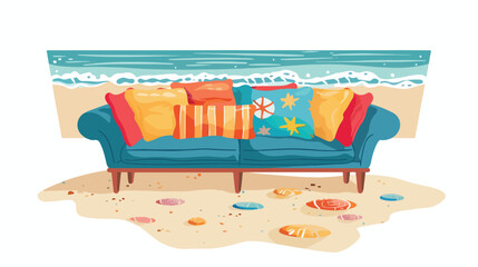 Pom pom couch on the beach Flat vector isolated on wh - obrazy, fototapety, plakaty