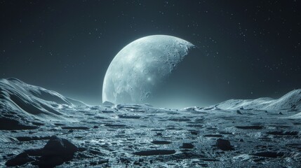 Surreal lunar landscape with a large moon rising above the horizon against a starry sky. - obrazy, fototapety, plakaty