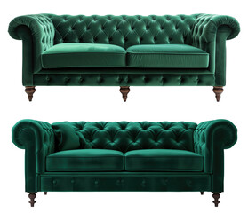 Plush green velvet classic sofa. tufted couch for interior design of Modern opulence and sophistication living room, isolated transparent png cutout