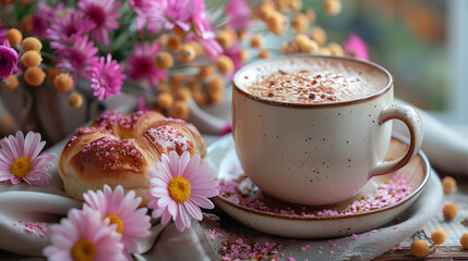 Spring italian breakfast, cappuccino and muffin, sweet european breakfast, cappuccino and brioche with flowers, cozy morning meal, cinnamon cafe, cup of latte