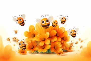 A group of happy bees flying around a beehive, surrounded by flowers, isolated on white solid background