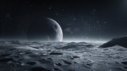 Monochromatic view of a lunar landscape with a large planet on the horizon against a starry sky.