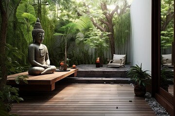 Tranquil Zen Oasis: Buddha Statue in Serene Garden Corner