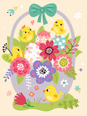 Easter card with basket of flowers and chicks - 774766412