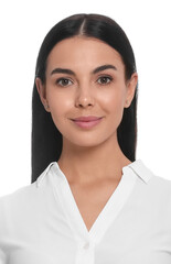 Passport photo. Portrait of woman on white background