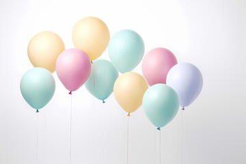 A group of pastel-colored balloons floating in mid-air isolated on white solid background