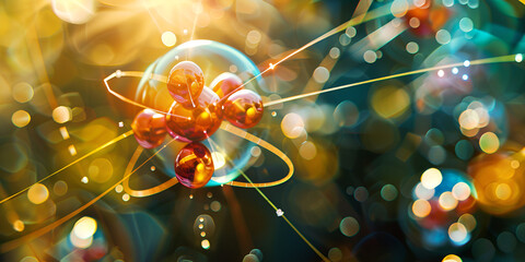 Component of nuclear fission background 
Enlarged model of an atom with a nucleus of protons, neutrons and electrons orbiting around. - obrazy, fototapety, plakaty