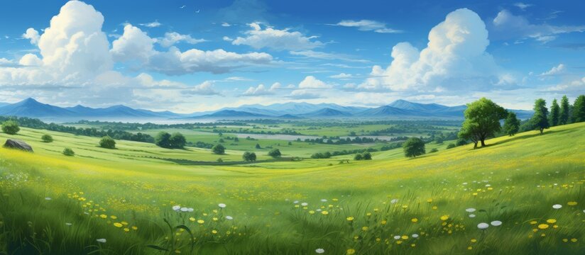 Green field filled with blooming flowers and lush trees depicted in a beautiful painting