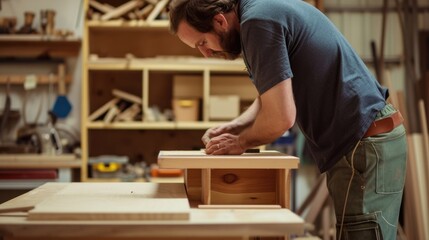 An experienced artisan carefully shapes wooden elements, demonstrating the art of fine woodworking in his cluttered workshop. AIG41 - obrazy, fototapety, plakaty