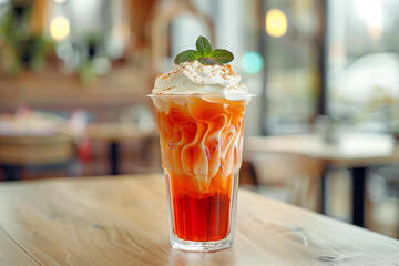 cold  sweet fruit tea in a transparent glass with a cap of salt whipped cream cheese. trendy summer beverage