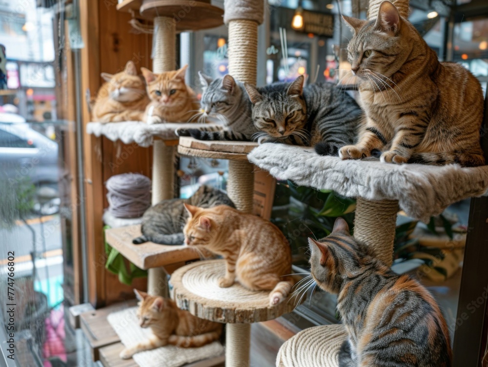Poster a group of cats sitting on top of a cat tree. generative ai.