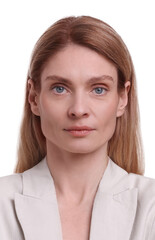 Passport photo. Portrait of woman on white background