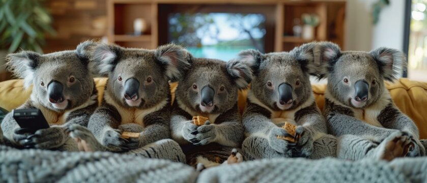 A group of koalas sitting on a couch holding food. Generative AI.