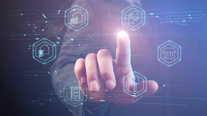 Animated icons with symbols of the real estate market and related services against a background of moving AI electrons and a world map, which a businessman with a light dot on his finger points to. Cg
