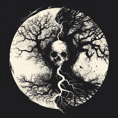 Tree of the knowledge of good and evil - symbol of sin and death with skull - obrazy, fototapety, plakaty