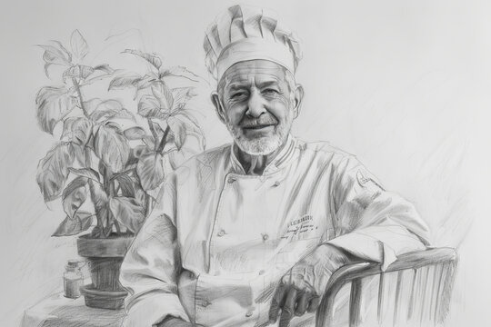 Pencil drawing of a smiling chef sit on a chair