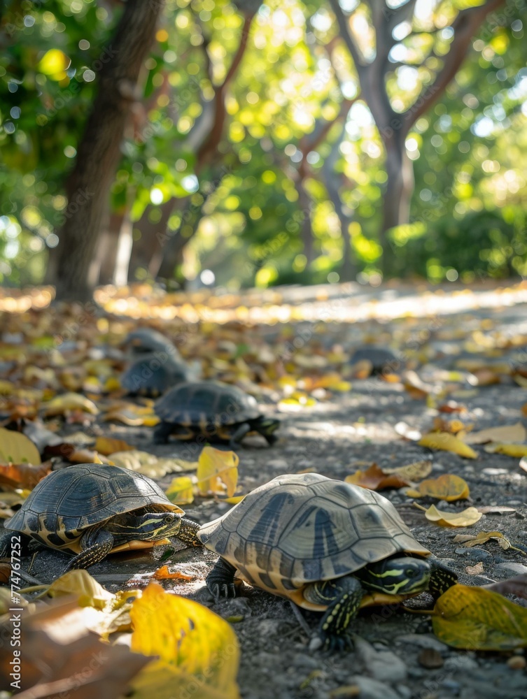 Sticker a group of turtles walking on a path in the woods. generative ai.