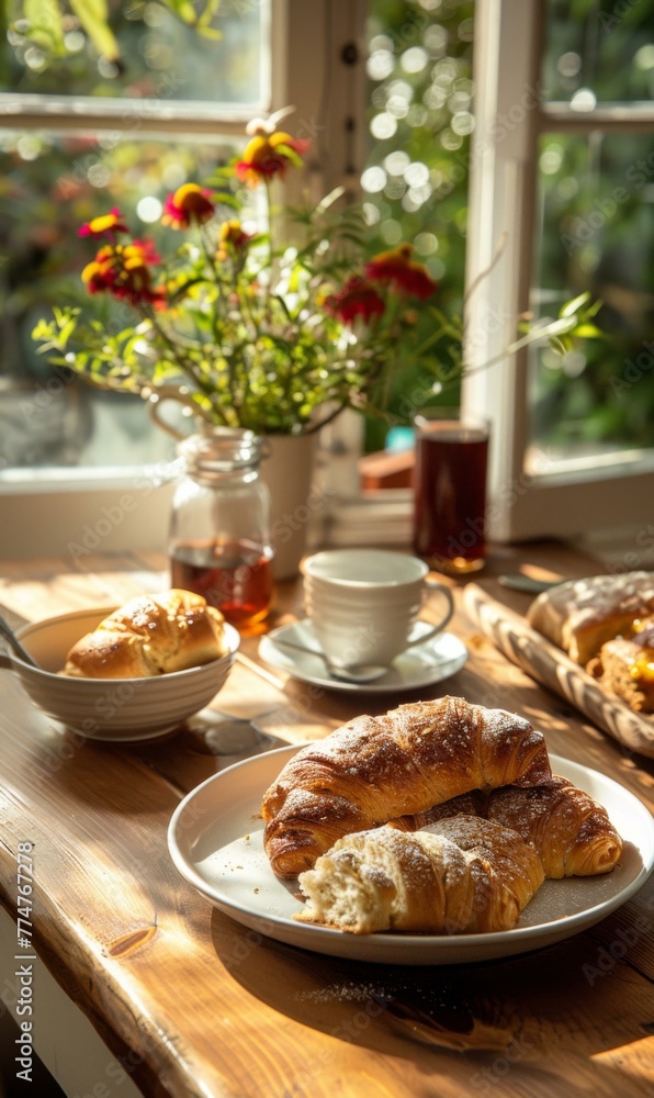 Poster a plate of pastries and coffee on a table in front of the window. generative ai.