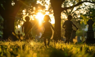 Obraz na płótnie Canvas Three children running through a field at sunset. Generative AI.