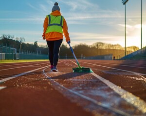 A person in a yellow vest sweeping the track at an athletic field. Generative AI. - obrazy, fototapety, plakaty