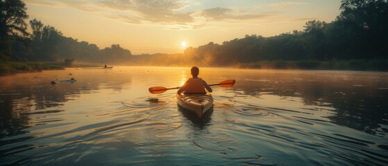 A person is paddling a canoe on the water at sunset. Generative AI.