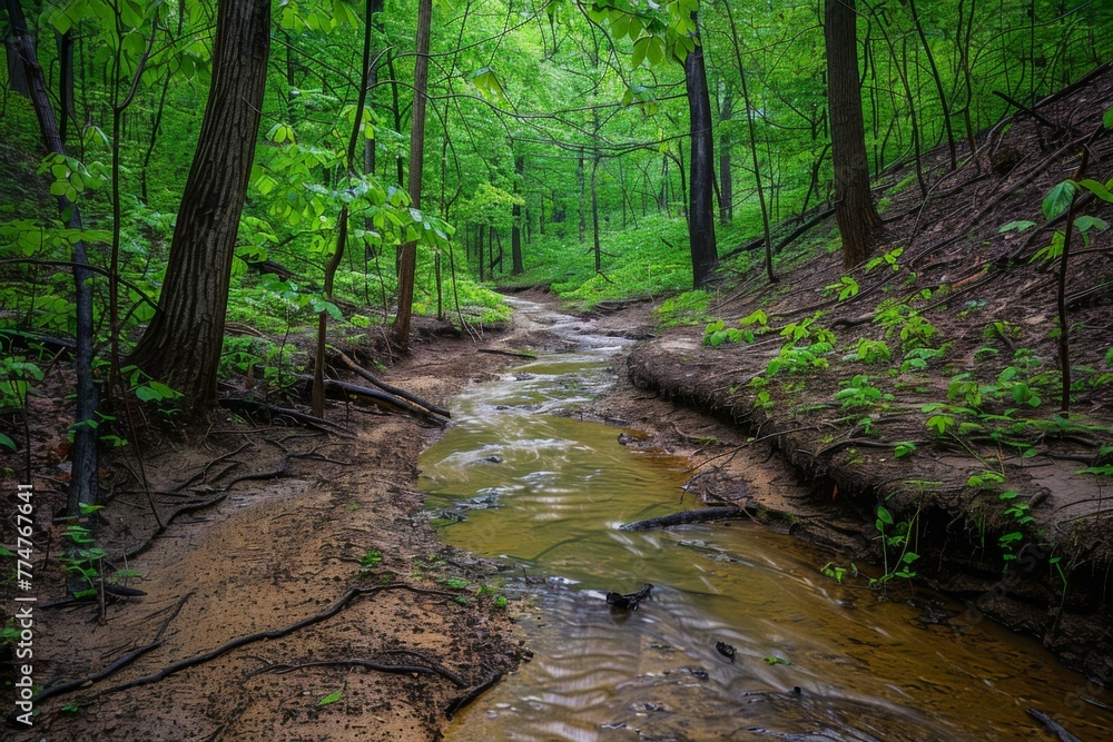 Poster a stream of water running through a forest in the middle of the day. generative ai.